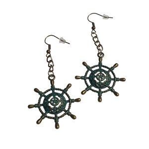 Nautical Ship Wheel Drop Earrings Antique Bronze Patina Chain Hook Dangle Beach